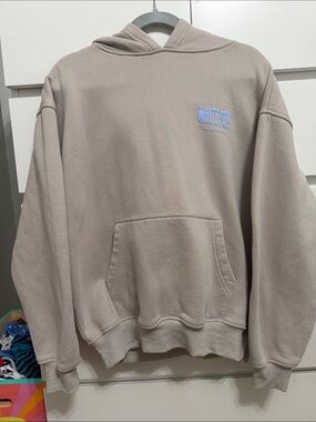 White Fox Boutique Taupe Crewneck Hoodie with Subtle Blue Logo